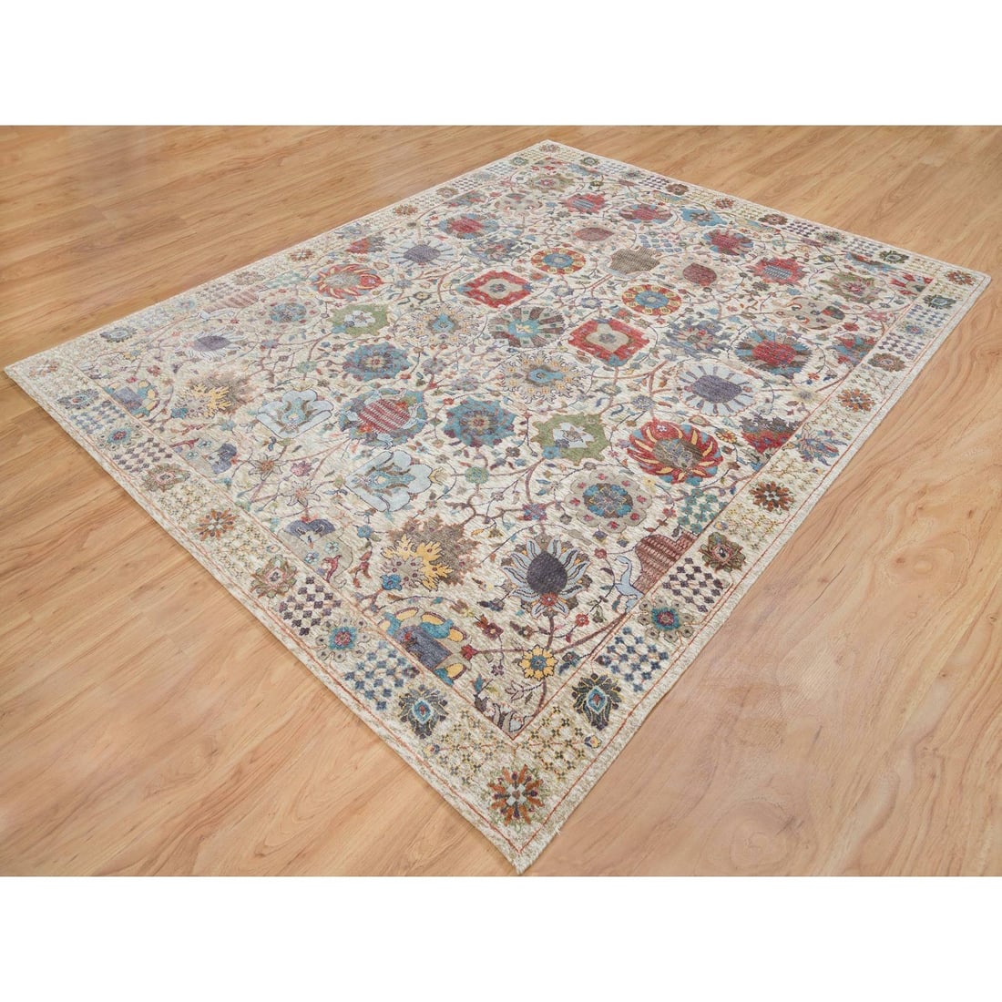 Rug 8'3"x10'3" Ivory Hand Knotted Tebraz Vase Silk With Wool - 4