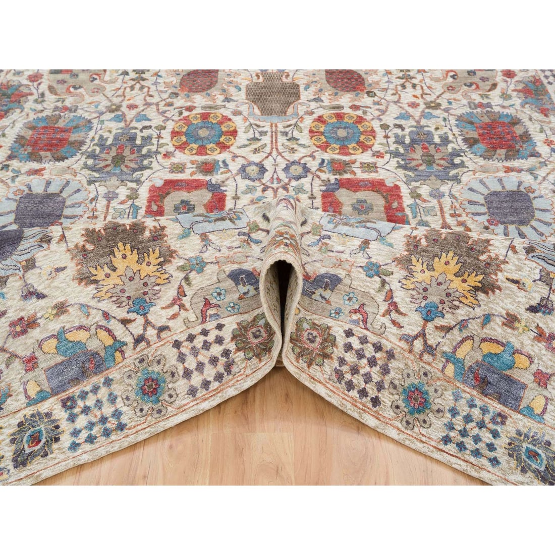 Rug 8'3"x10'3" Ivory Hand Knotted Tebraz Vase Silk With Wool - 6