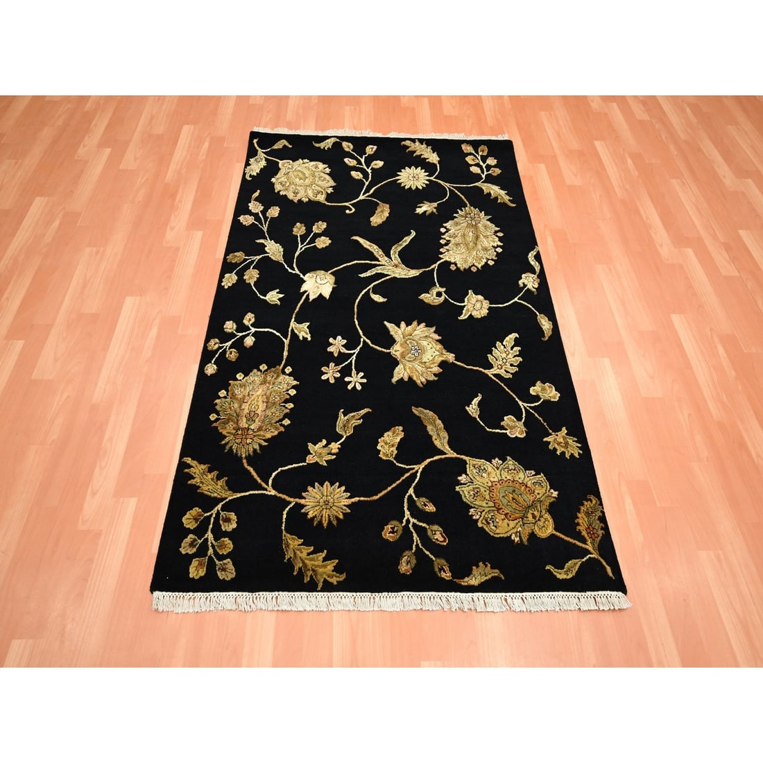 Rug 4'x6' Midnight Black Botanical Design Wool and Silk Hand Knotted - 2