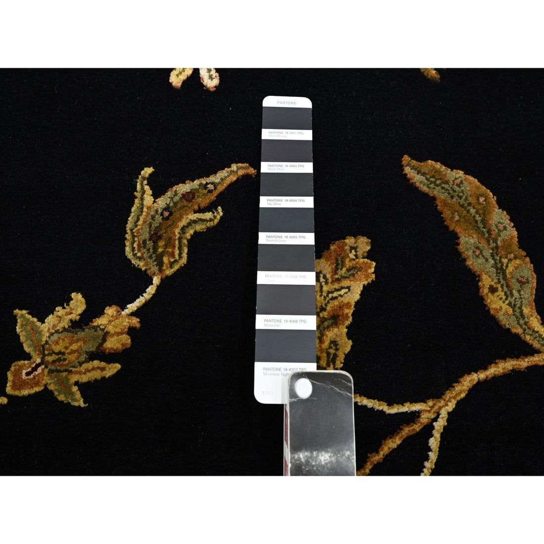 Rug 4'x6' Midnight Black Botanical Design Wool and Silk Hand Knotted - 4