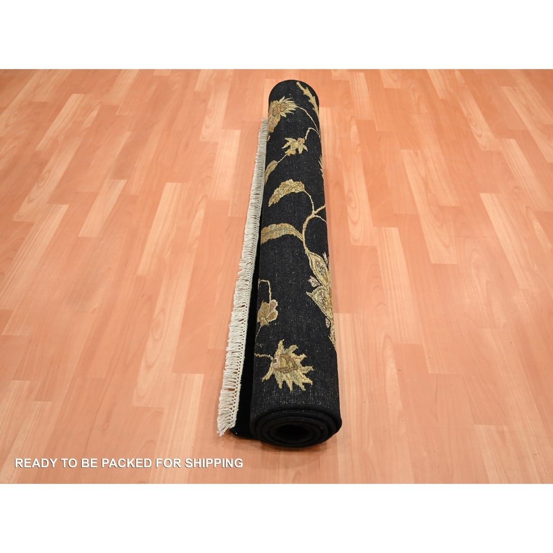 Rug 4'x6' Midnight Black Botanical Design Wool and Silk Hand Knotted - 5