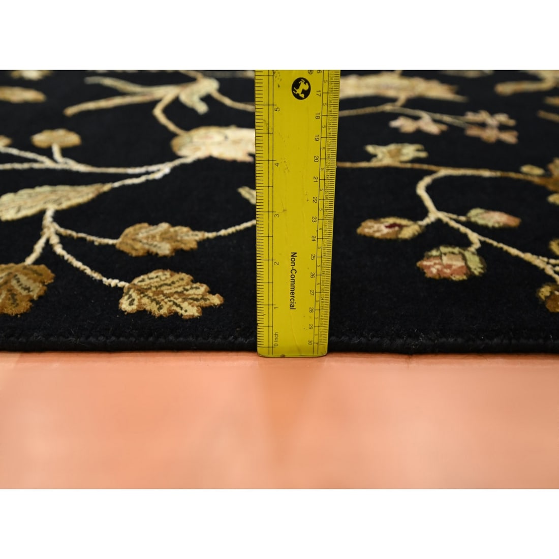 Rug 4'x6' Midnight Black Botanical Design Wool and Silk Hand Knotted - 6