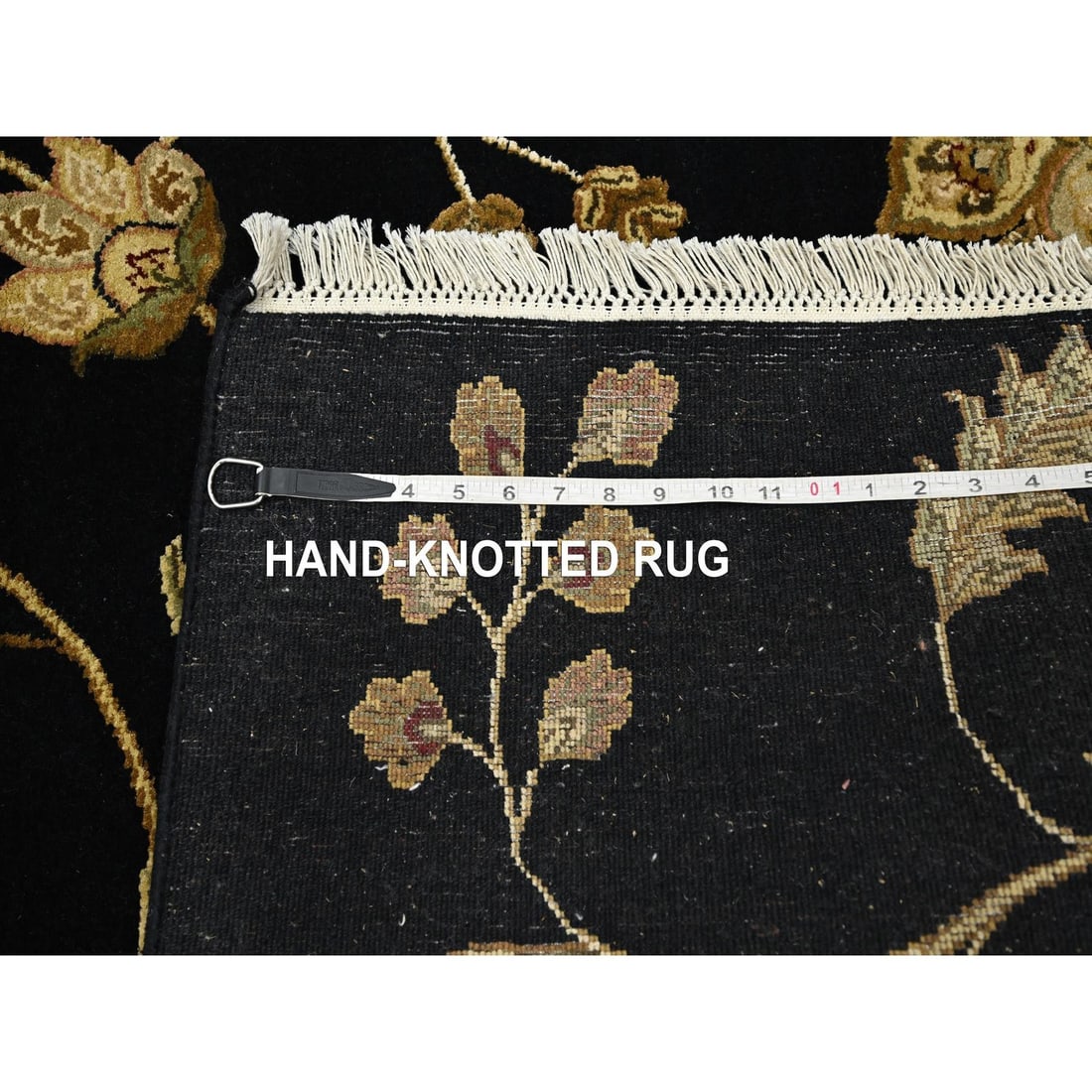 Rug 4'x6' Midnight Black Botanical Design Wool and Silk Hand Knotted - 7