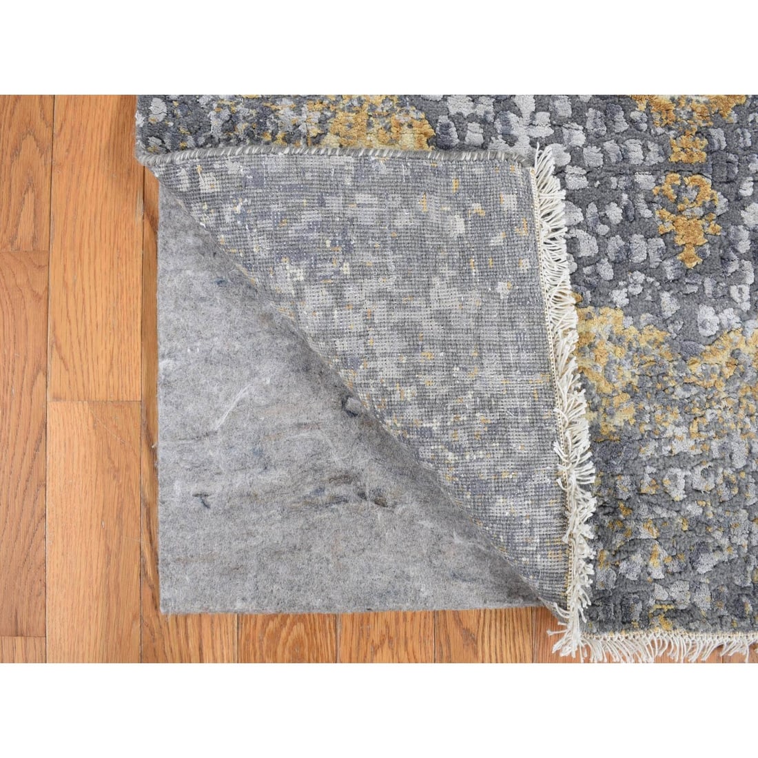 Rug 3'2"x10' Gray Zoroastrian Design Wool and Silk Hand Knotted Runner - 3