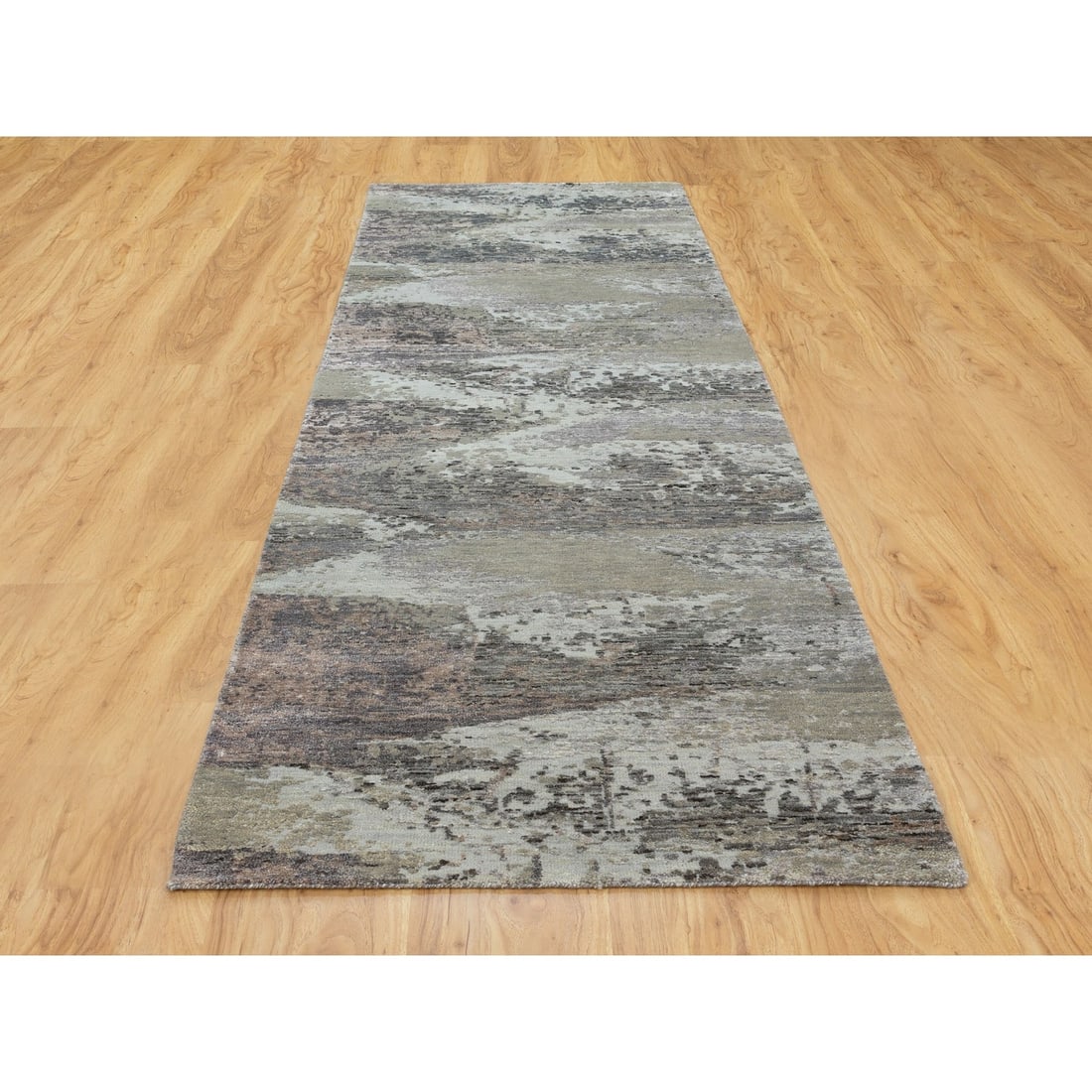 Rug 2'8"x9'10" Natural Abstract Design Wool & Silk Hand Knotted Runner - 2