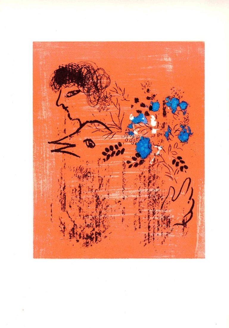 Orange MARC CHAGALL Bouquet a l'Oiseau 12.5" x 9.5" Lithograph 1963 Modernism (1 of 1)