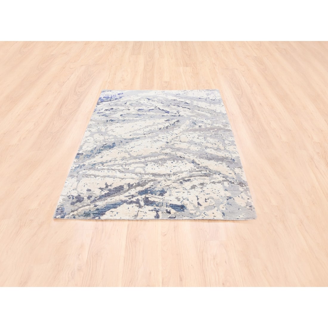 Rug 4'1"x5'9" Ivory Wool and Silk Hand Knotted Abstract Design Oriental - 2