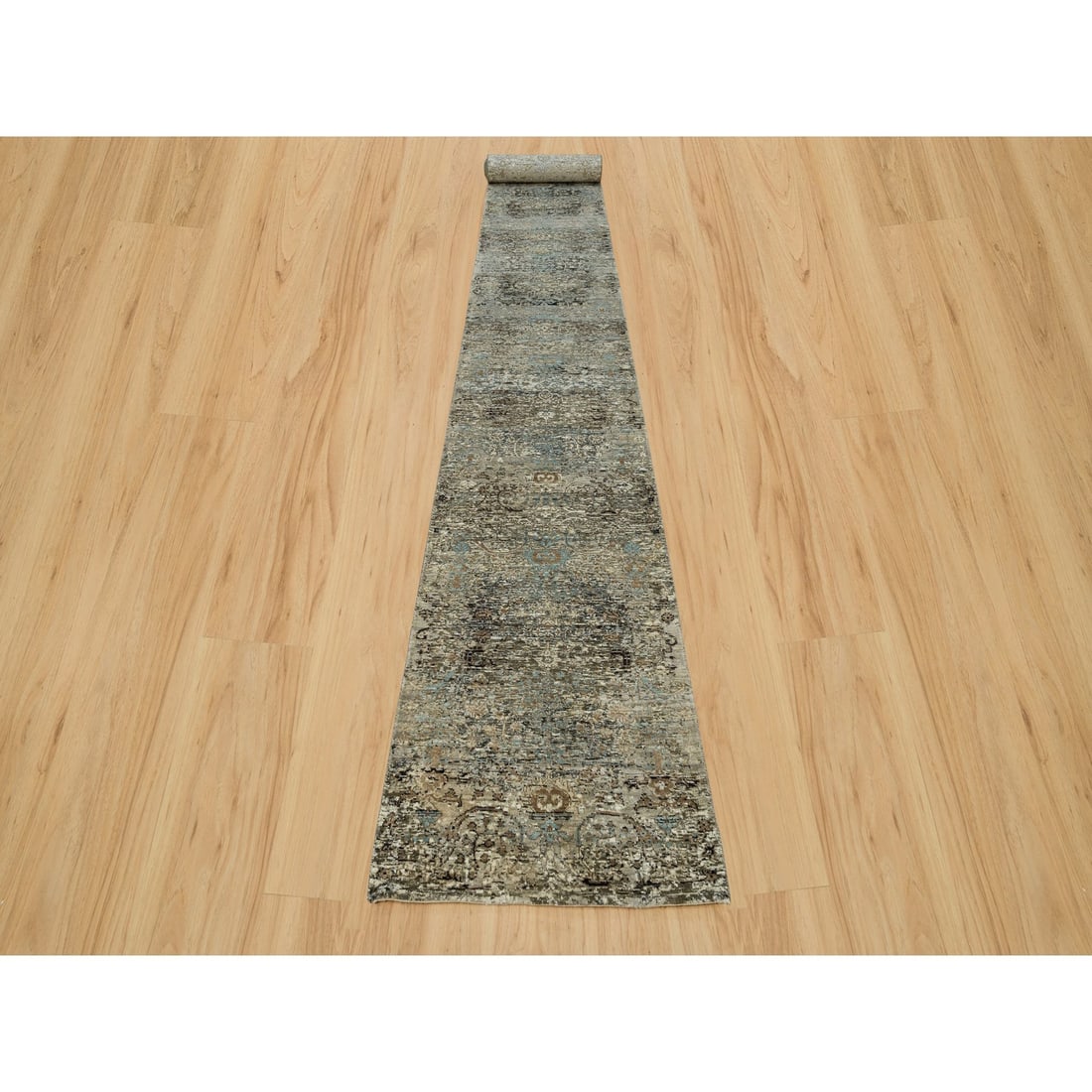 Rug 2'8"x23'10" Gray Transitional Hand Knotted Silk and Wool XL Runner - 2