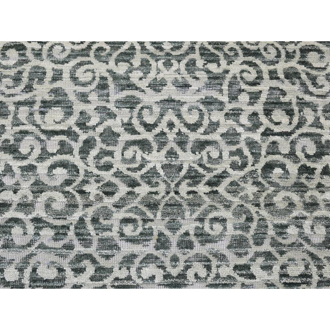 Rug 2'9"x8' Green Modern Hand Knotted Wool and Silk Runner Oriental - 2