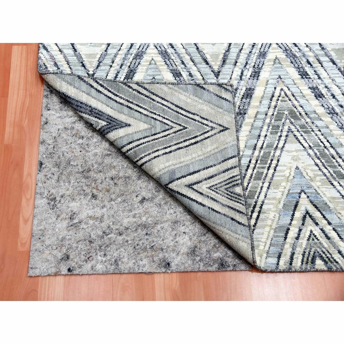 Rug 4'2"x12'4" Ivory Modern Textured Wool-Pure Silk Hand Knotted Runner - 3