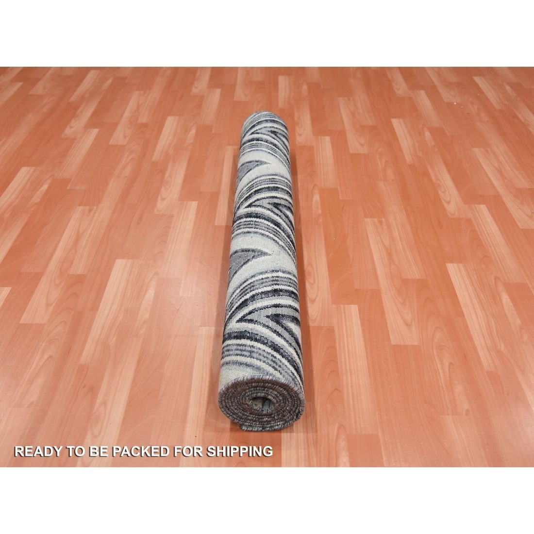 Rug 4'2"x12'4" Ivory Modern Textured Wool-Pure Silk Hand Knotted Runner - 5