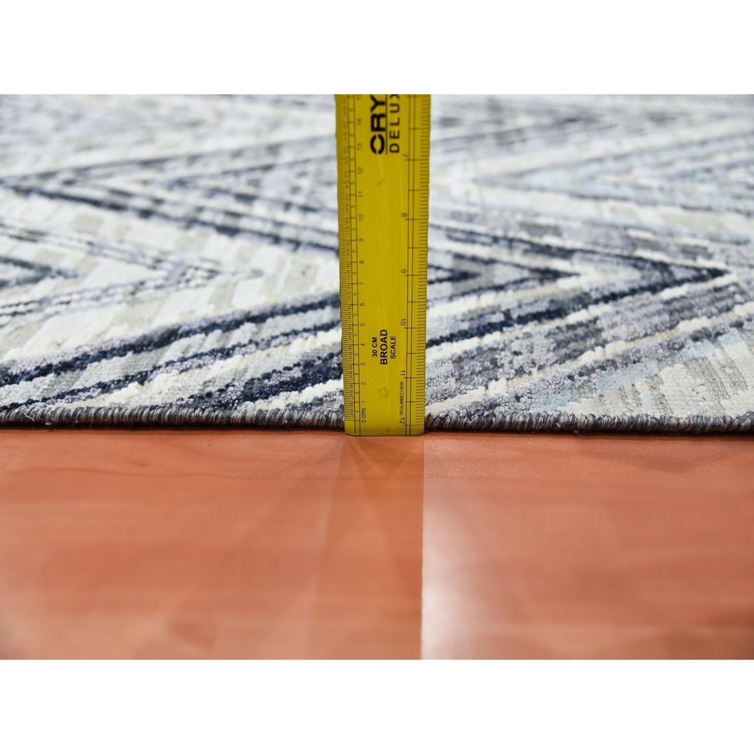 Rug 4'2"x12'4" Ivory Modern Textured Wool-Pure Silk Hand Knotted Runner - 6