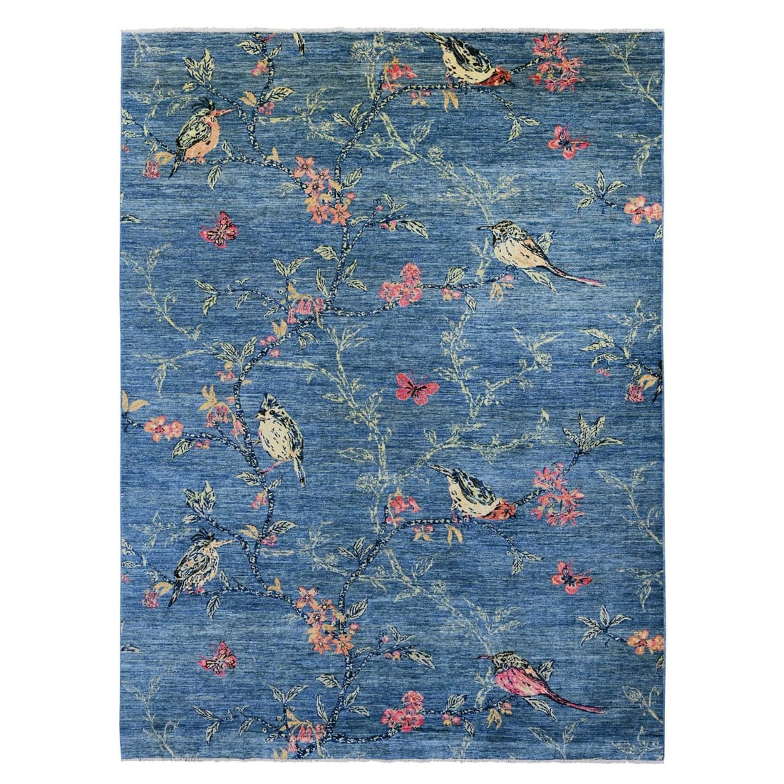 Rug 9'2"x11'10" Blue Sparrows on the Tree Peshawar Soft Wool Hand Knotted: Rug 9'2"x11'10" Blue Sparrows on the Tree Peshawar Soft Wool Hand Knotted This listing features Rug 9'2"x11'10" Blue Sparrows on the Tree Peshawar Soft Wool Hand Knotted. Item specifics are provided