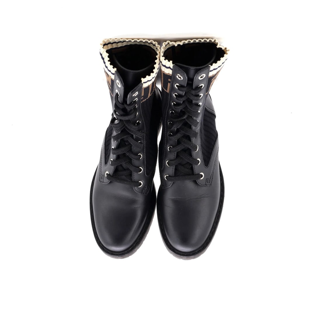 Zucca Fendi Women's Rockoko Combat Boots Leather with Knit Stretch Fabric and - 2