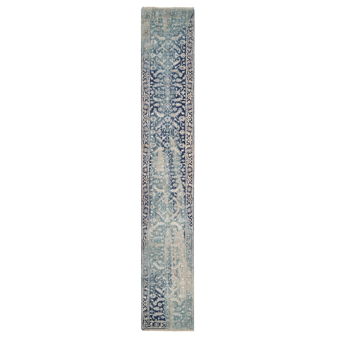 Rug 2'7"x15'9" Blue-Teal Erased Wool And Silk Heris Hand Knotted Runner: Rug 2'7"x15'9" Blue-Teal Erased Wool And Silk Heris Hand Knotted Runner This listing features Rug 2'7"x15'9" Blue-Teal Erased Wool And Silk Heris Hand Knotted Runner. Item specifics are provided
