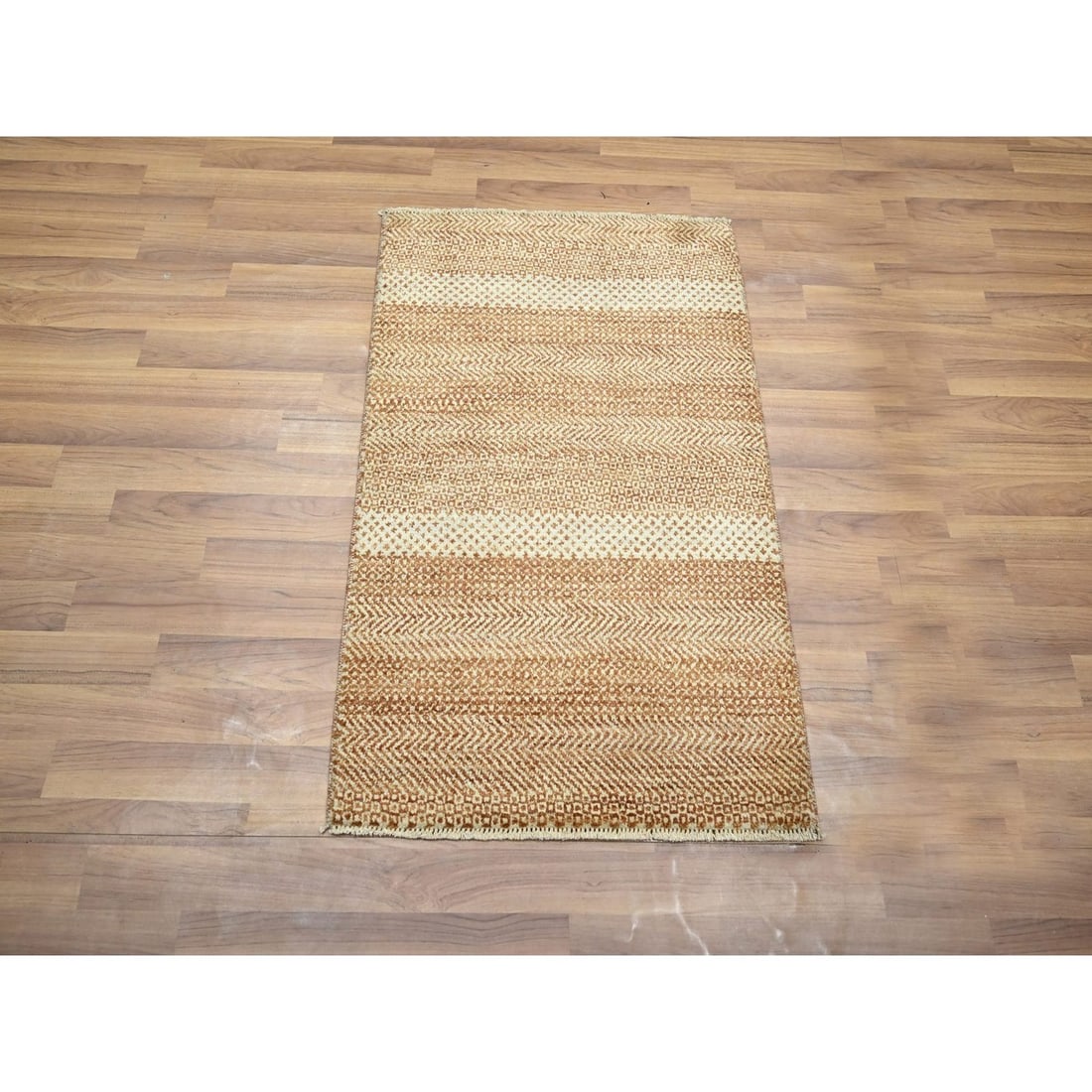Rug 2'x3' Beige-Rust Modern Grass Design Hand Knotted Natural Wool Mat - 2