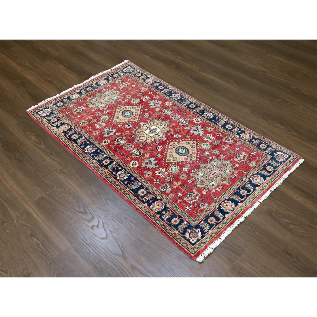 Rug 3'x5' Red Karjihooz Design Geometric Medallions Hand Knotted Wool - 2