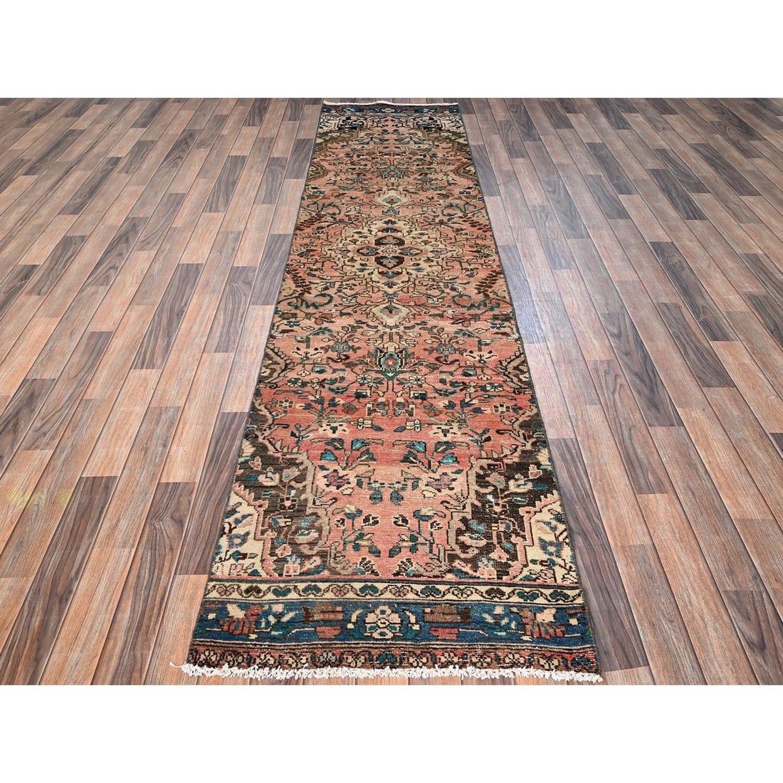 Runner 2'6"x10'3" Peach Vintage Zoroastrian Flower Design Wool Hand Knotted - 2