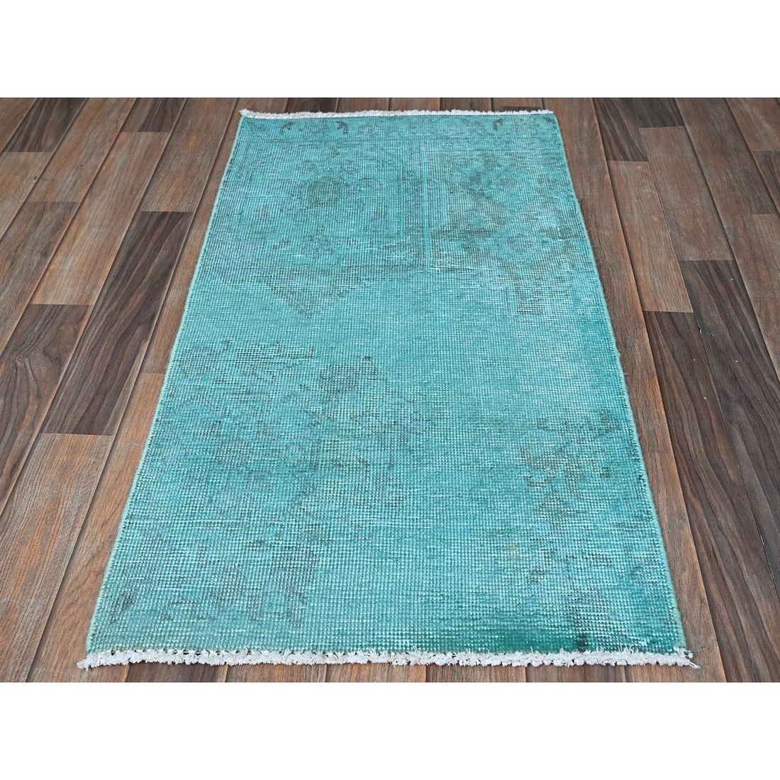 Rug 2'x3'6" Aqua Blue Overdyed Vintage Zoroastrian Hand Knotted Wool Mat - 2