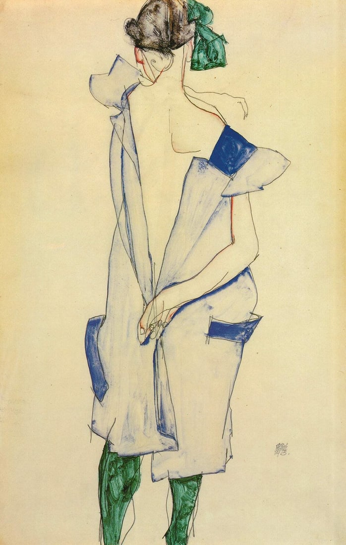 x EGON SCHIELE Girl Standing in Blue Dress and Green Stockings Back View 39.5" - 2