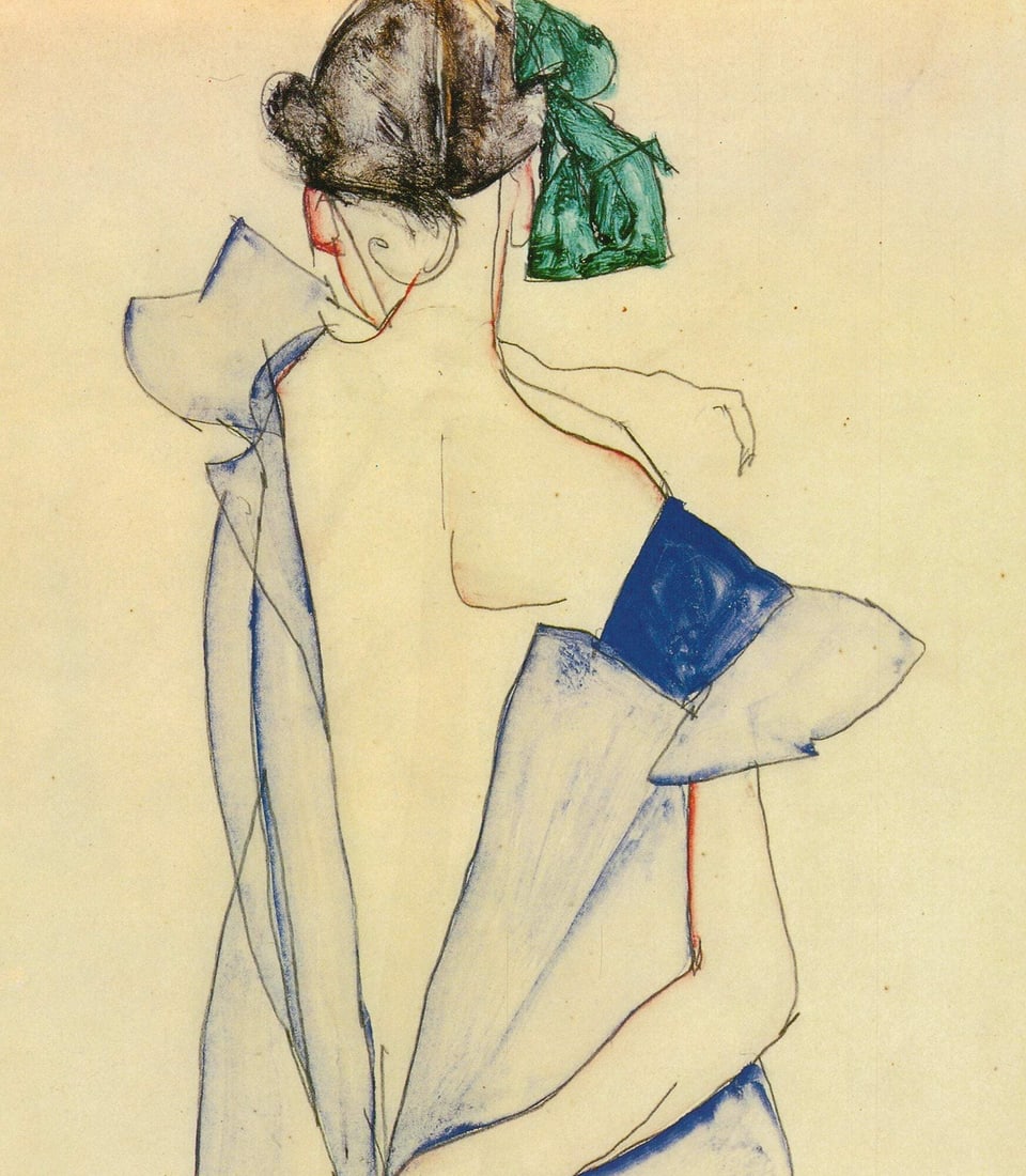 x EGON SCHIELE Girl Standing in Blue Dress and Green Stockings Back View 39.5" - 3