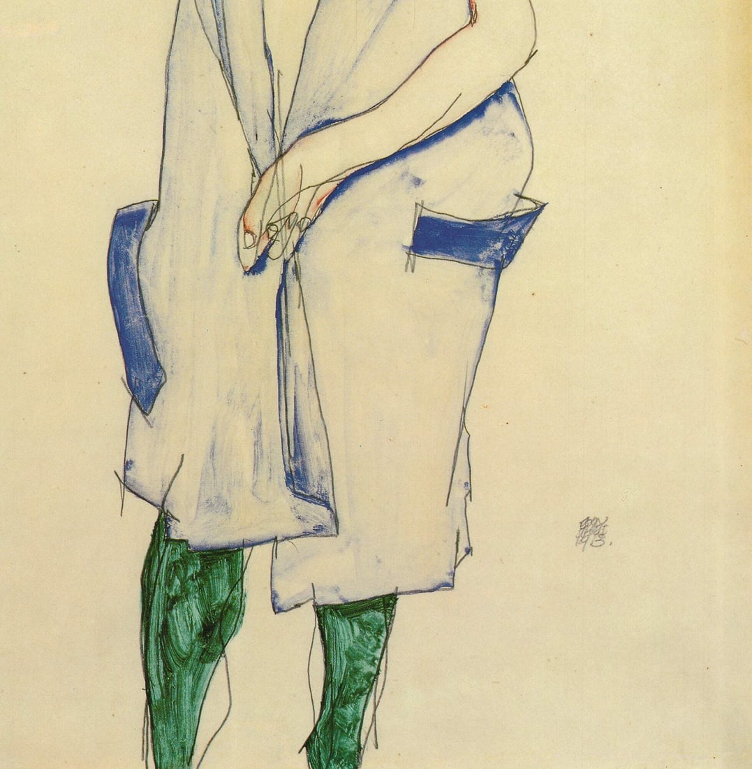 x EGON SCHIELE Girl Standing in Blue Dress and Green Stockings Back View 39.5" - 4