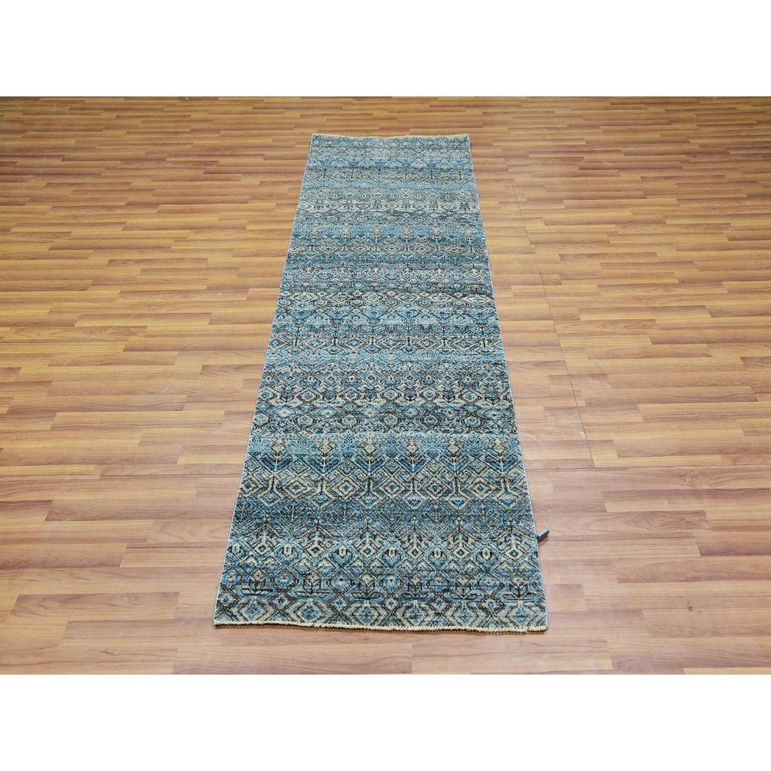 Rug 2'6"x8' Blue Hand Knotted Kohinoor Herrita Diamond Shape Wool Runner - 2