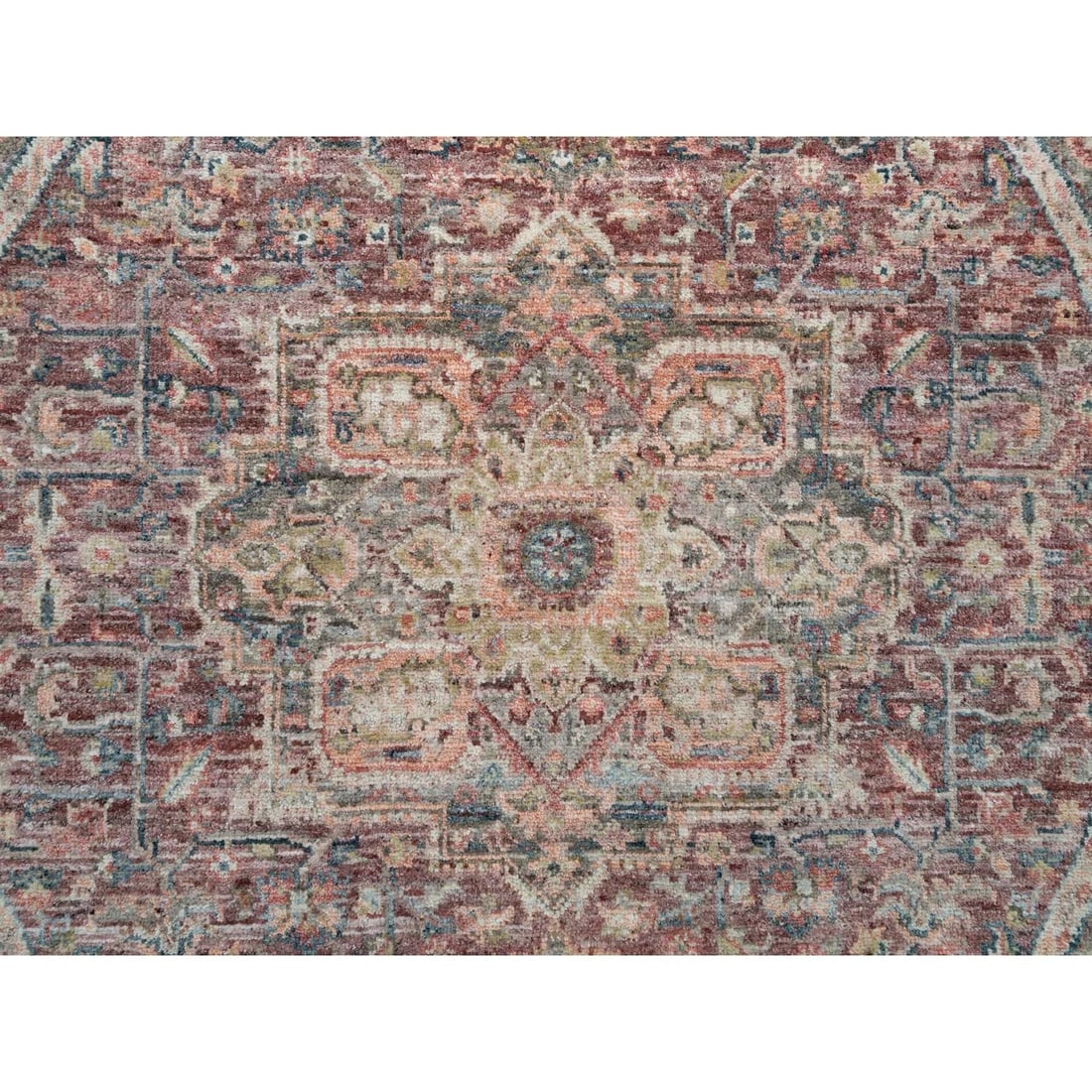 Rug 6'x6' Sangria Red Hand Knotted Pure Wool Heris Revival Round Oriental - 5