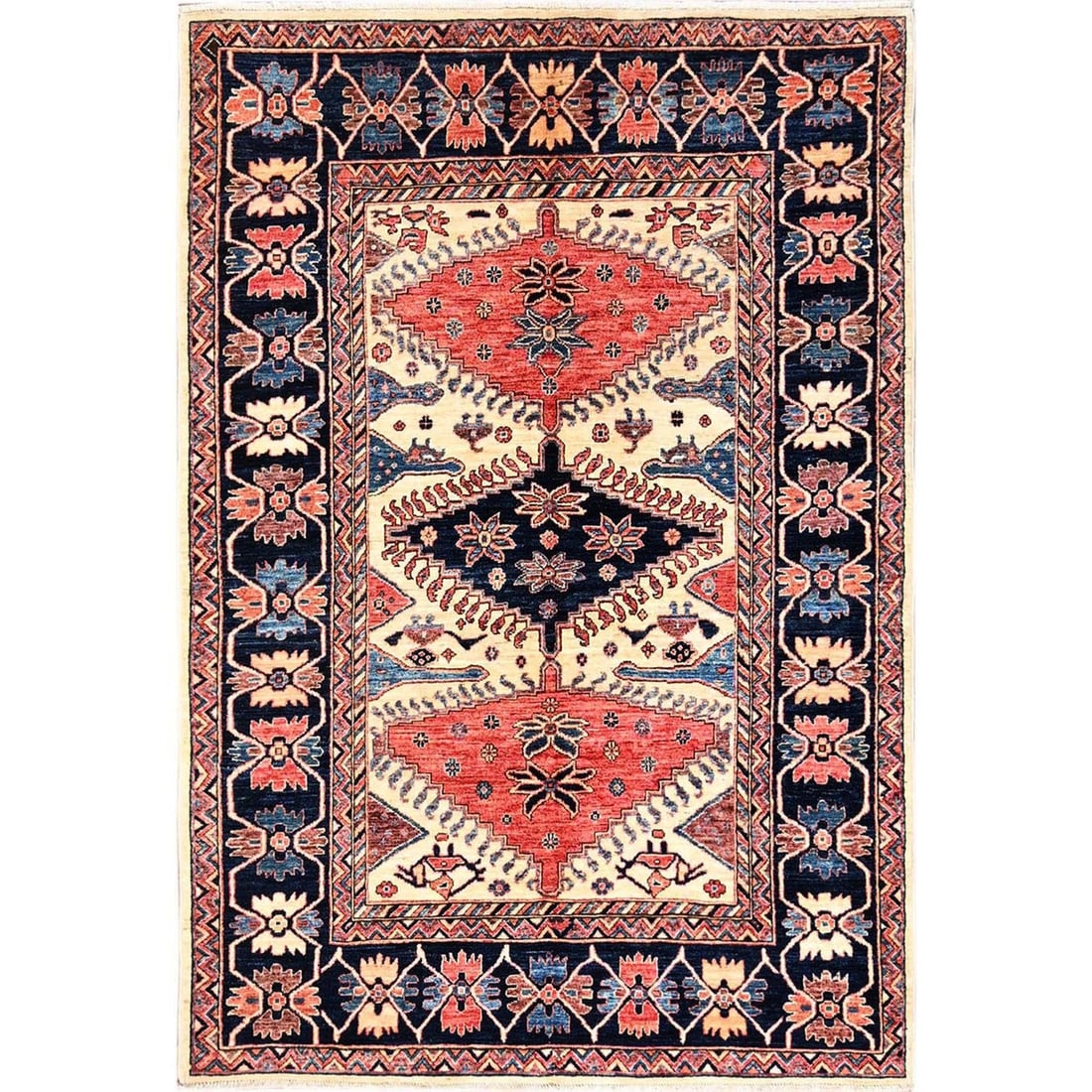 Knotted 4'10"x7'6" Ivory Pure Wool Rug Northwest Zoroastrian Design Hand (1 of 7)