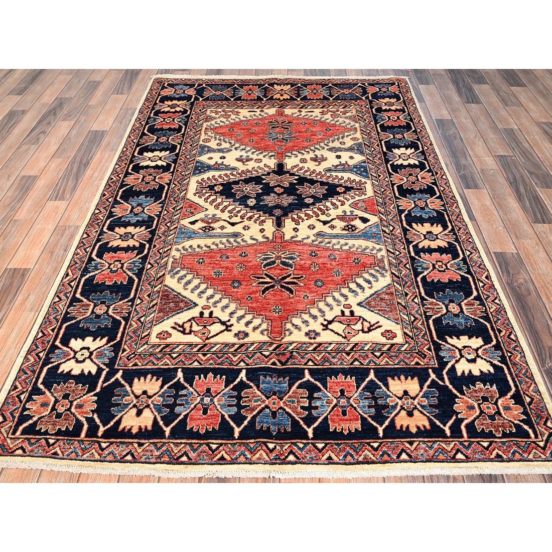 Knotted 4'10"x7'6" Ivory Pure Wool Rug Northwest Zoroastrian Design Hand - 2