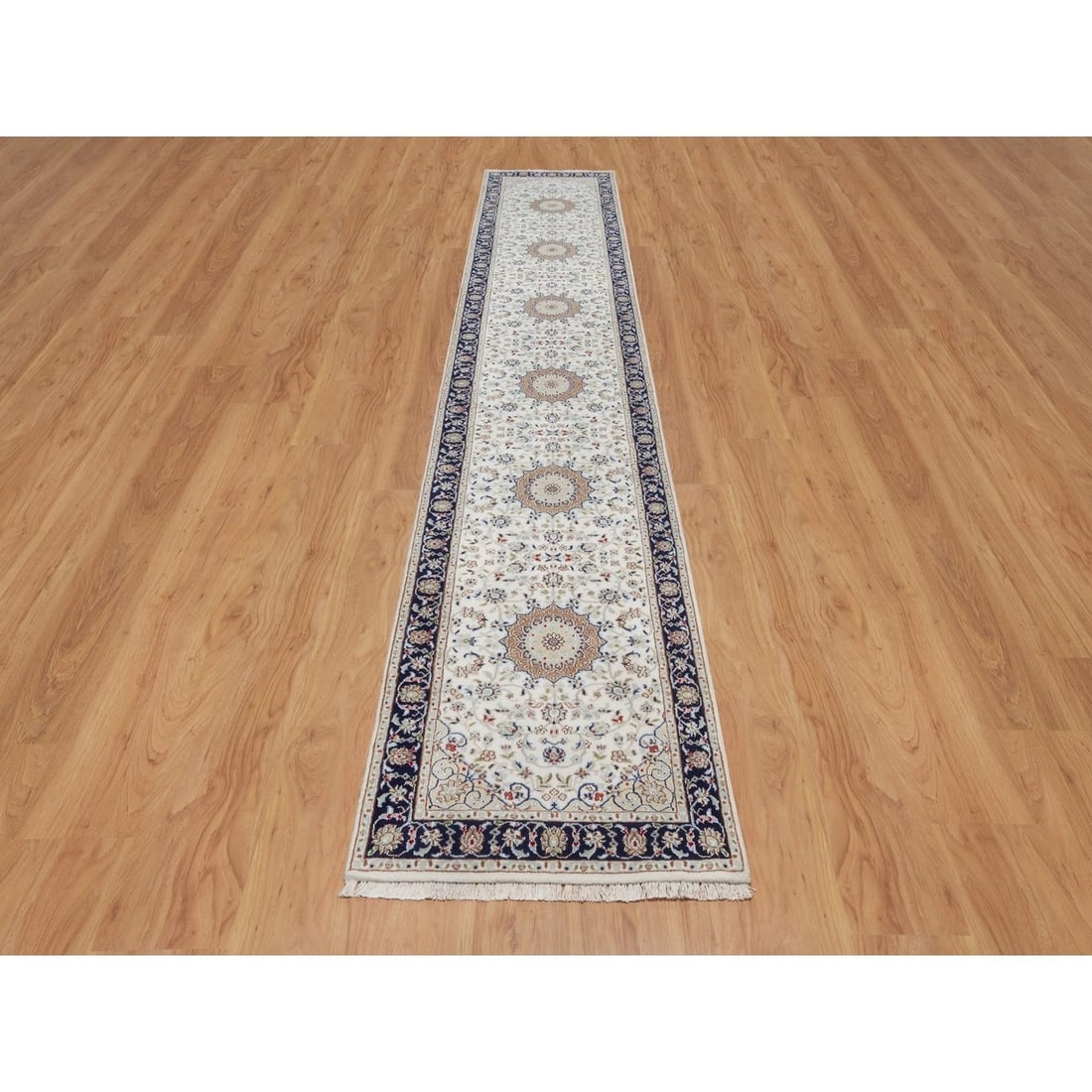 Rug 2'8"x14'4" Ivory Nain Medallion Design Wool & Silk Hand Knotted Runner - 2
