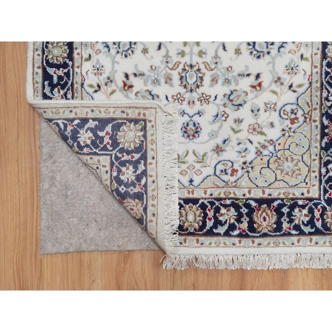 Rug 2'8"x14'4" Ivory Nain Medallion Design Wool & Silk Hand Knotted Runner - 3