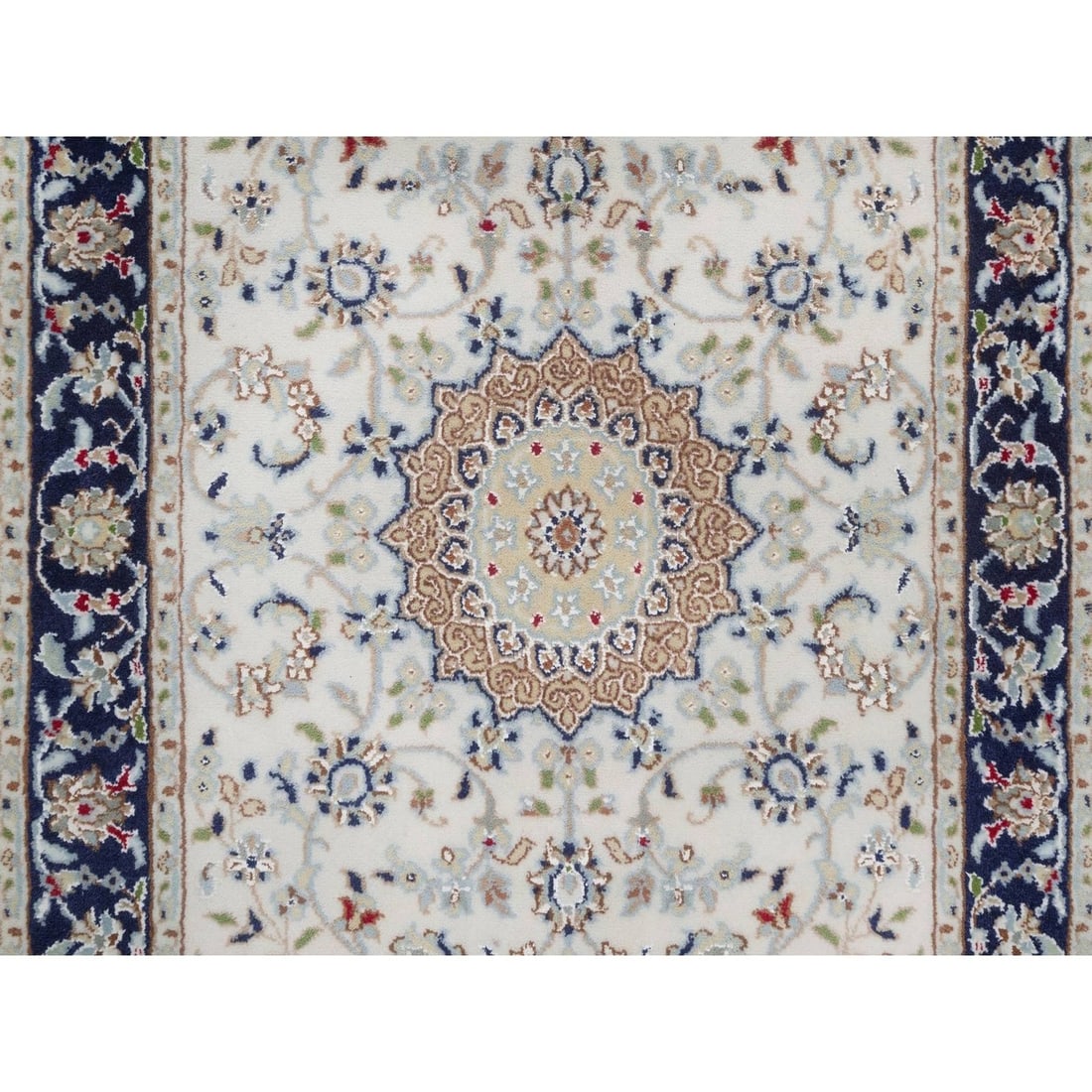 Rug 2'8"x14'4" Ivory Nain Medallion Design Wool & Silk Hand Knotted Runner - 5