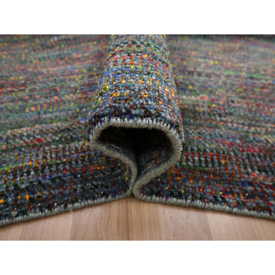 Rug 10'2"x13'10" Gray Modern Hand Knotted Grass Design Wool and Silk - 5