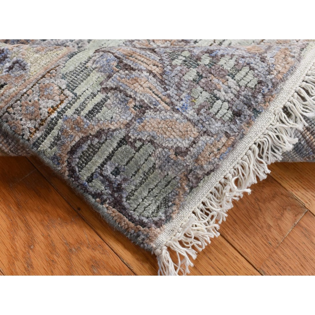 Rug 2'x3' Green Silk with Wool Mughal Design Hand Knotted Mat - 4