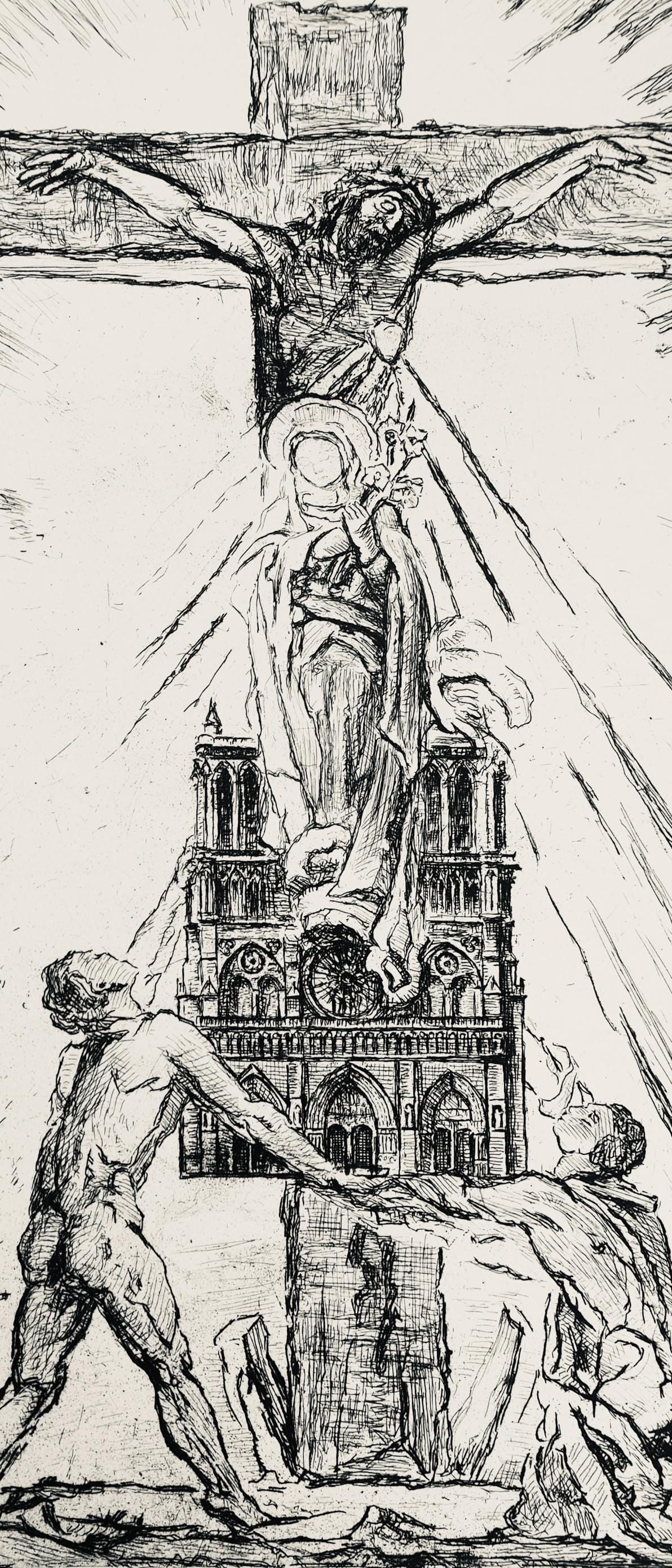Etching - George Desvallires - Crucifix de Notre Dame - A La gloire Paris - 2