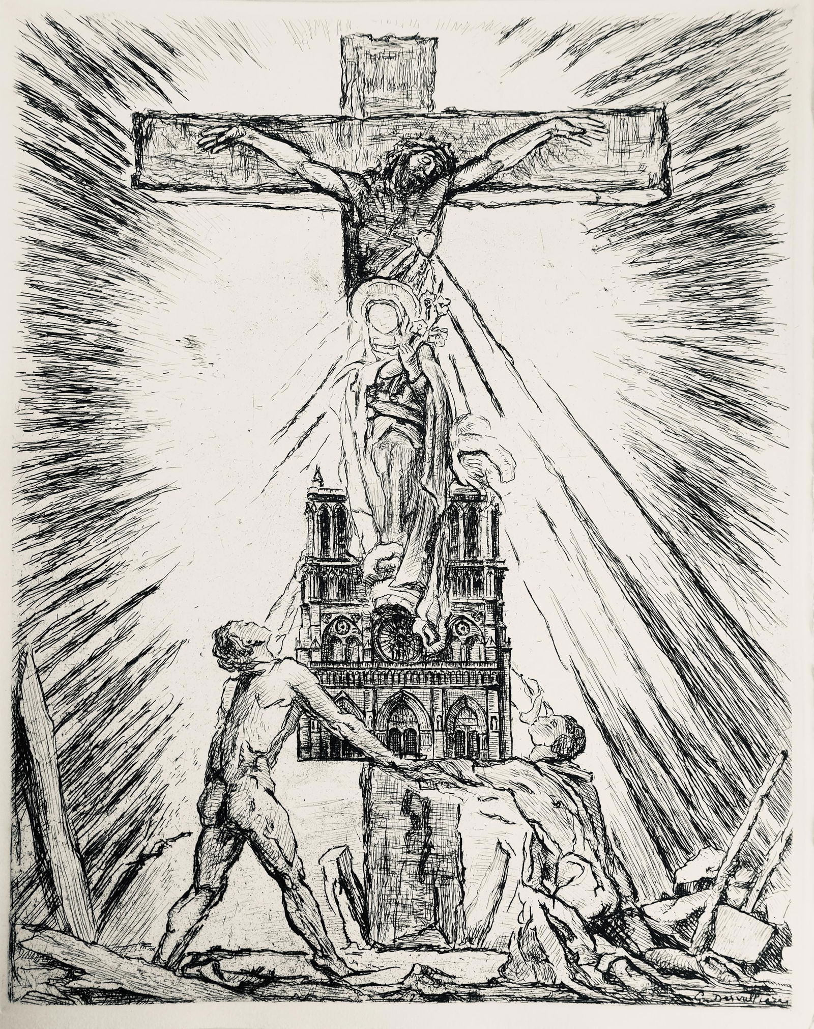 Etching - George Desvallires - Crucifix de Notre Dame - A La gloire Paris - 6