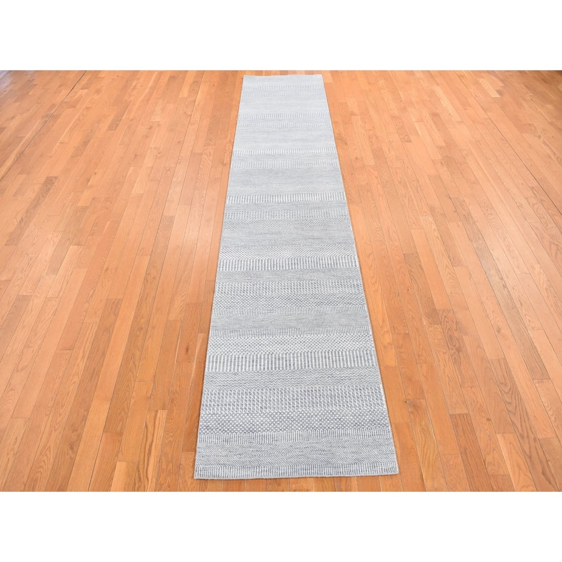 Rug 2'6"x12' Blue Grass Design Hand Knotted Wool and Silk Modern Runner - 2