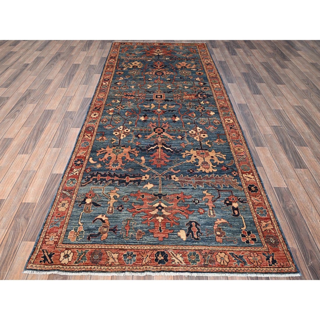 Rug 4'3"x10'3" Sailor Blue Wool Heris All Over Design Hand Knotted Runner - 2