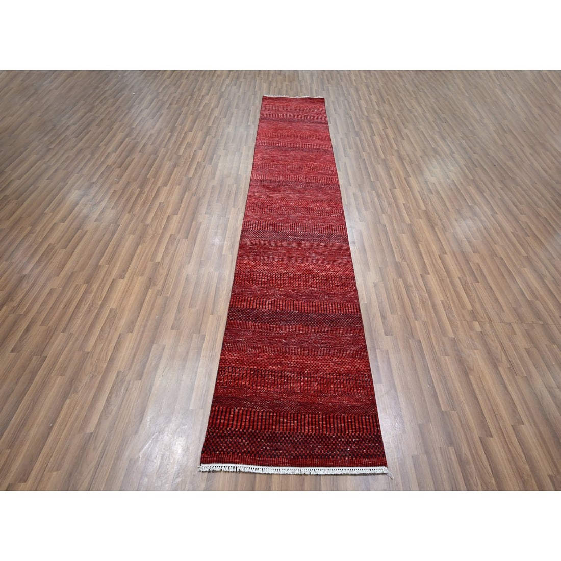 Rug 2'6"x11'10" Red Modern Grass Design Hand Knotted Wool and Silk Runner - 2