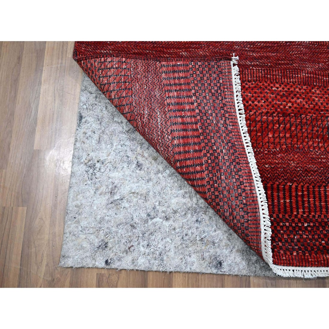 Rug 2'6"x11'10" Red Modern Grass Design Hand Knotted Wool and Silk Runner - 3