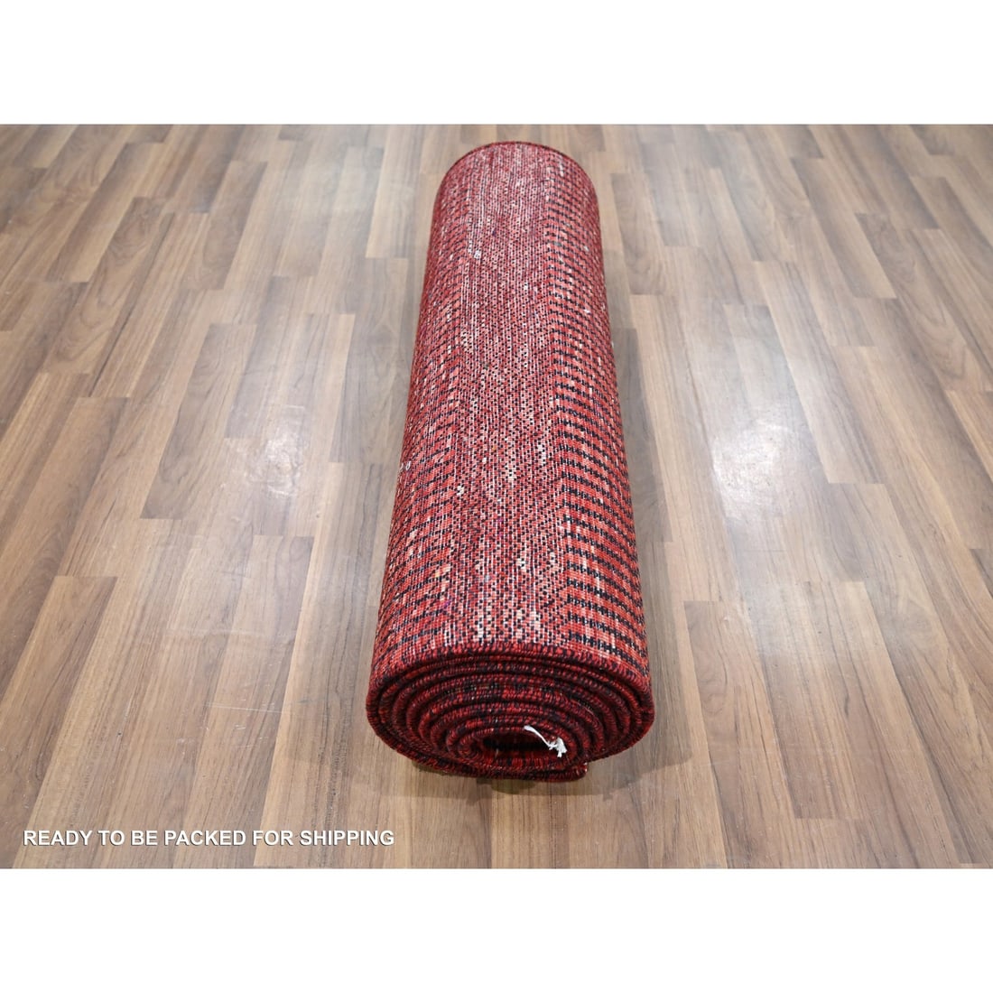 Rug 2'6"x11'10" Red Modern Grass Design Hand Knotted Wool and Silk Runner - 5