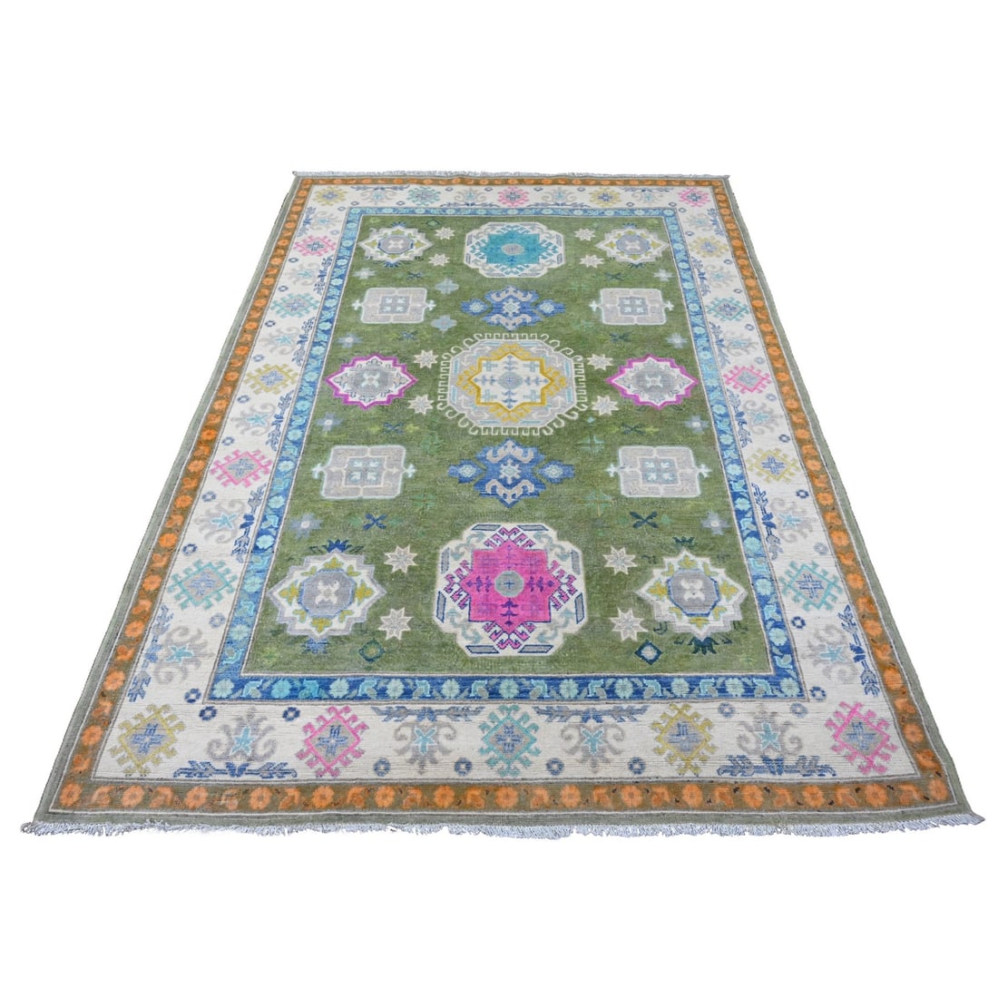 Rug 5'6"x7'7" Green Fusion Kazak Caucasian Design Hand Knotted 100% Wool: Rug 5'6"x7'7" Green Fusion Kazak Caucasian Design Hand Knotted 100% Wool This listing features Rug 5'6"x7'7" Green Fusion Kazak Caucasian Design Hand Knotted 100% Wool. Item specifics are provided