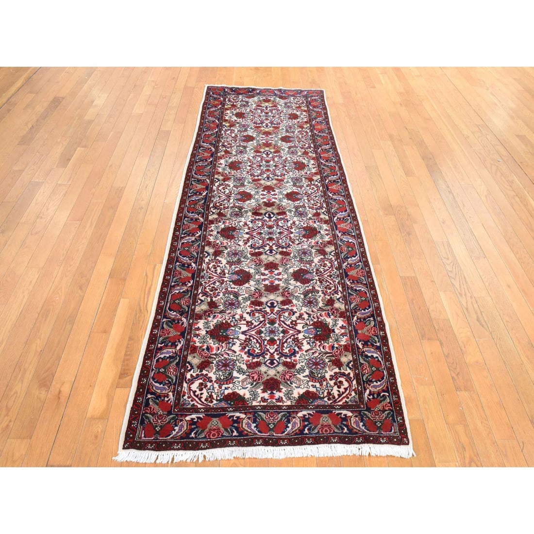 Runner 3'4"x9'4" Ivory Vintage Zoroastrian Flower Design Wool Hand Knotted - 2