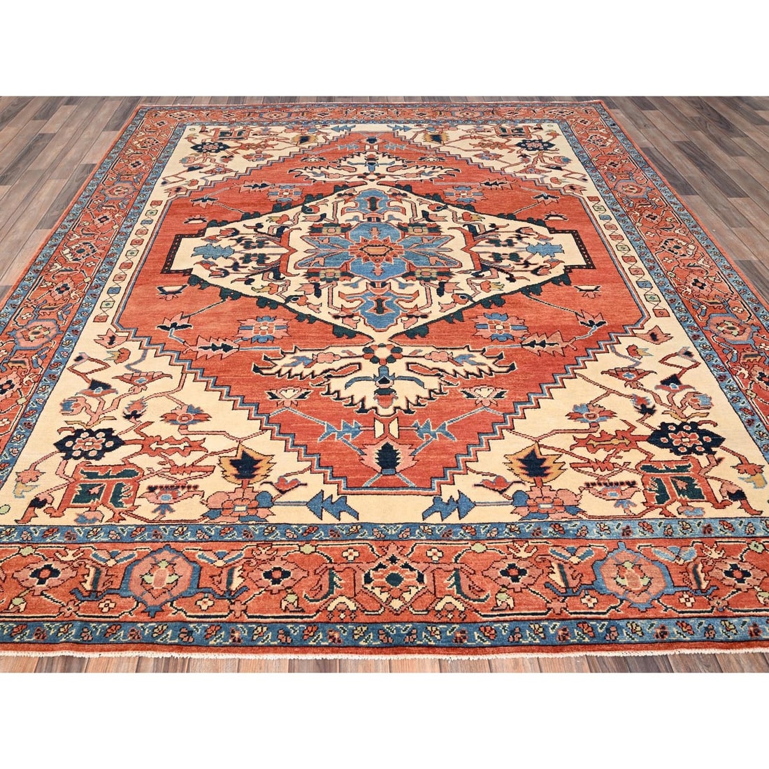 Rug 8'3"x9'10" Orange Peshawar with Serapi Heriz Design Wool Hand Knotted - 2