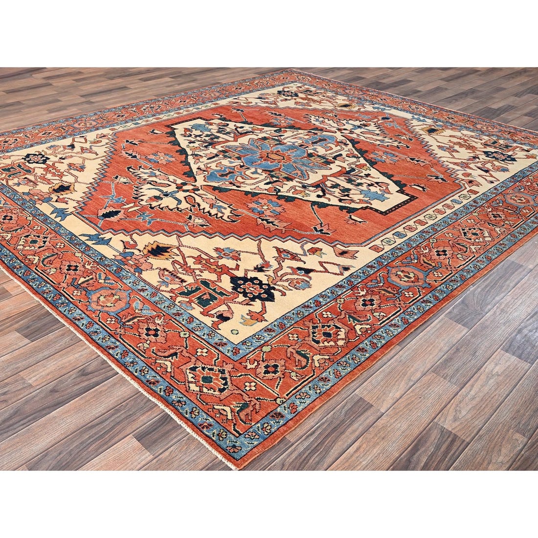 Rug 8'3"x9'10" Orange Peshawar with Serapi Heriz Design Wool Hand Knotted - 3