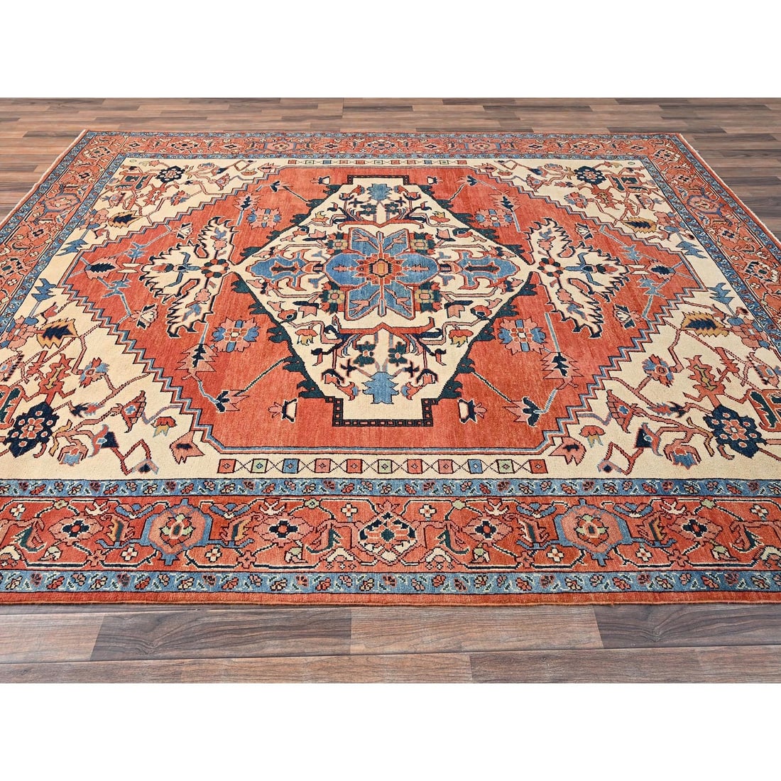 Rug 8'3"x9'10" Orange Peshawar with Serapi Heriz Design Wool Hand Knotted - 4