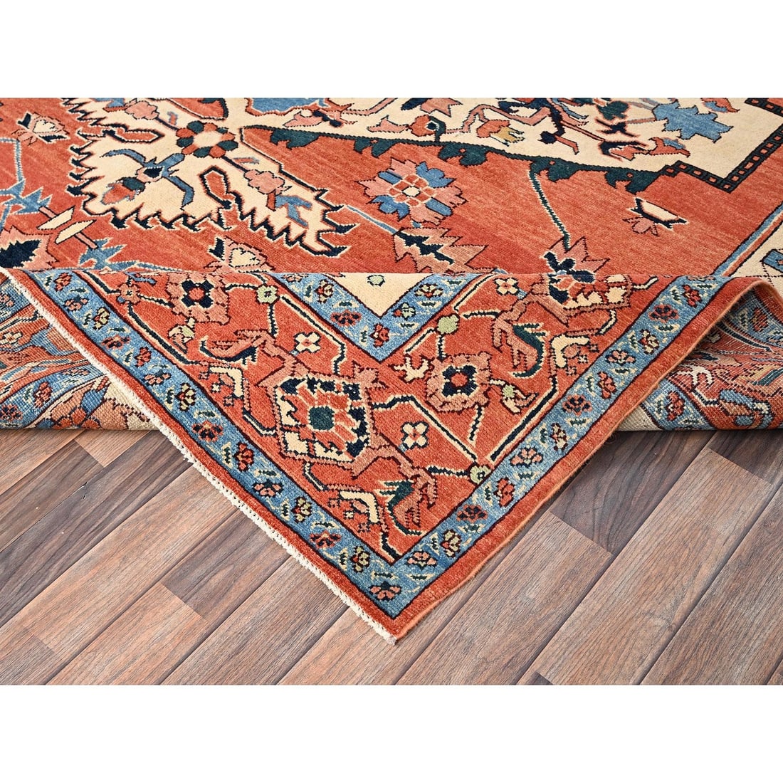 Rug 8'3"x9'10" Orange Peshawar with Serapi Heriz Design Wool Hand Knotted - 7