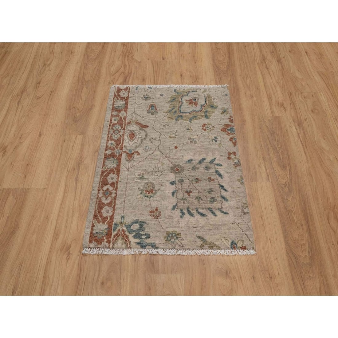 Rug 2'2"x3'1" Beige Broken Pattern Oushak Design Hand Knotted Wool Sample - 2