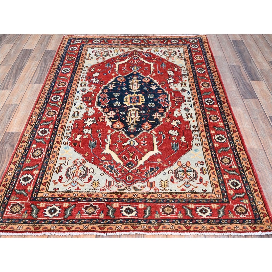 Rug 4'x5'10" Smoke Gray Hand Knotted Peshawar Seeripe Heris Design Wool - 2